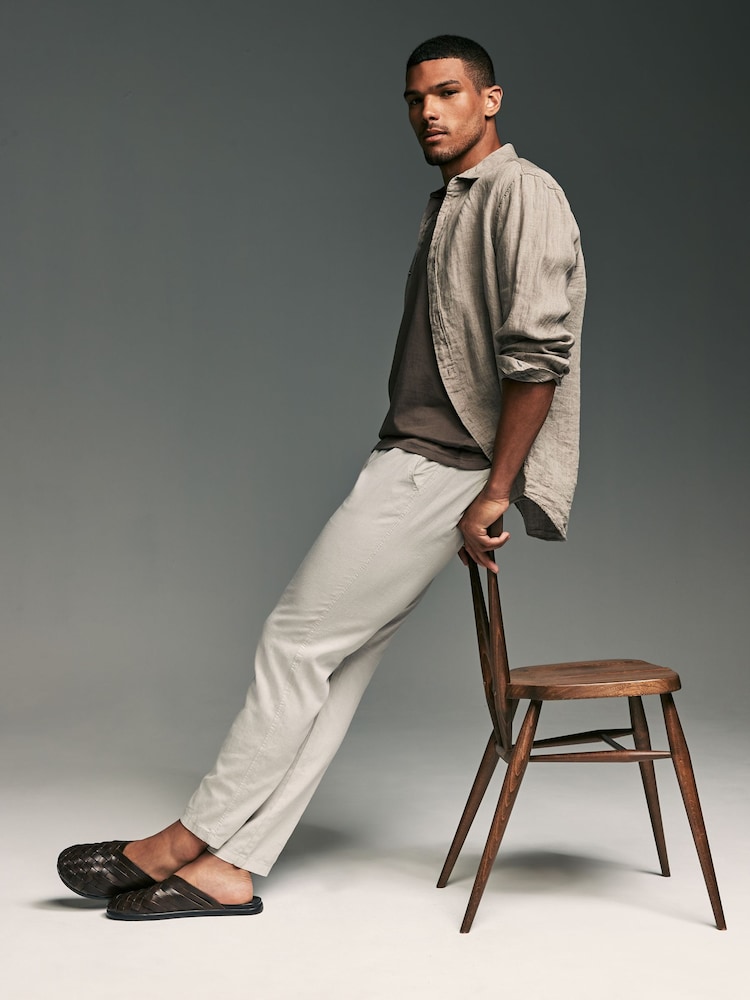 Mushroom Brown/Light Grey Linen Cotton Elasticated Drawstring Trousers 2 Pack - Image 10 of 23