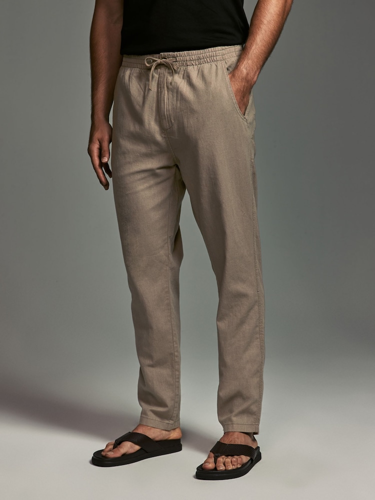 Mushroom Brown/Light Grey Linen Cotton Elasticated Drawstring Trousers 2 Pack - Image 13 of 23