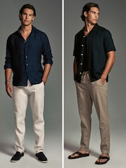 Mushroom Brown/Light Grey Linen Cotton Elasticated Drawstring Trousers 2 Pack - Image 2 of 24