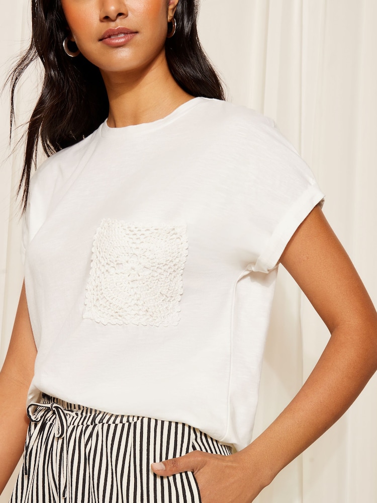 Friends Like These Ivory White Short Sleeve Crochet Pocket T-Shirt - Image 3 of 4