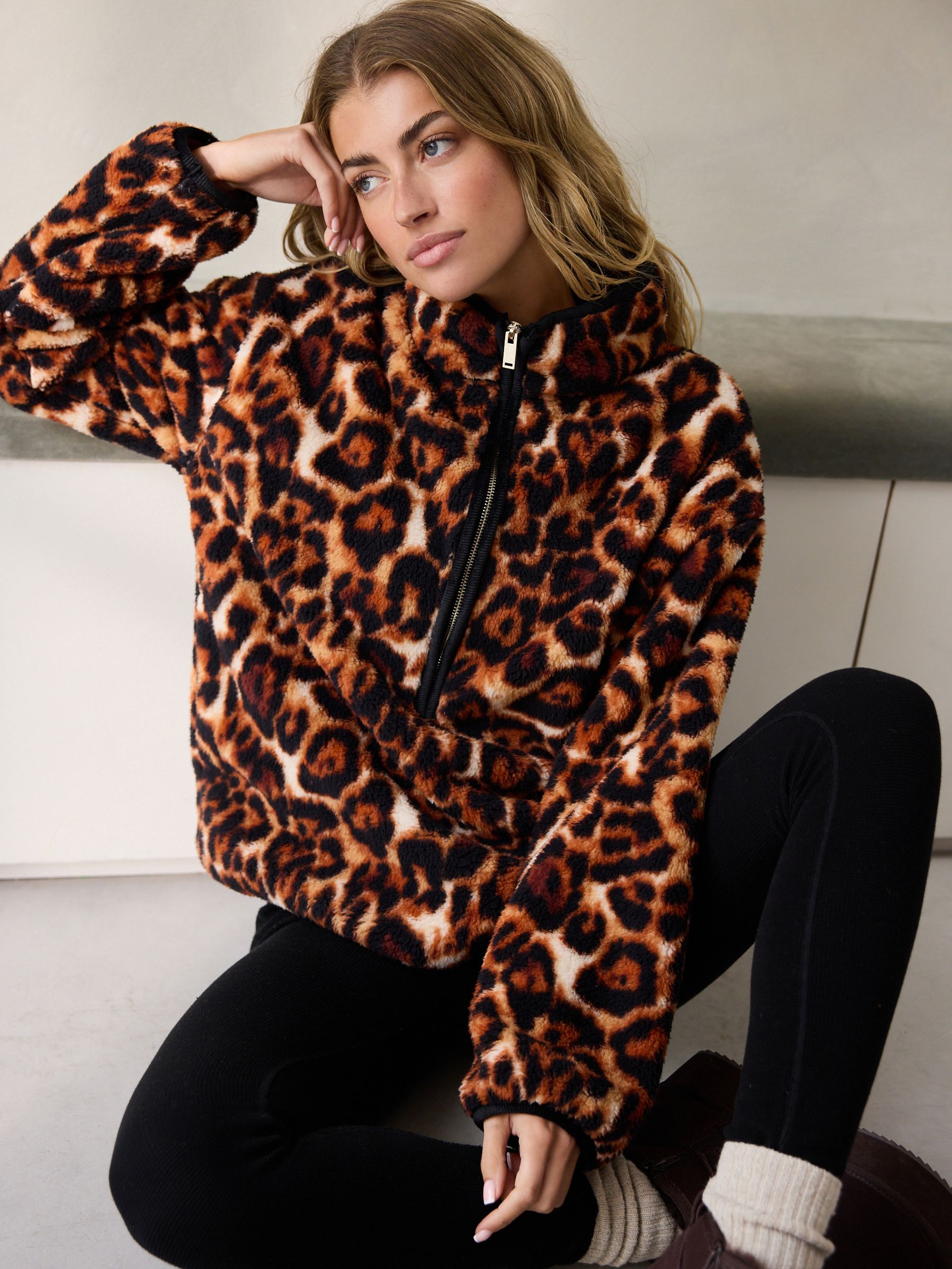 楽天 Buy Animal Print Borg Half Zip Fleece from Next USA トップス
