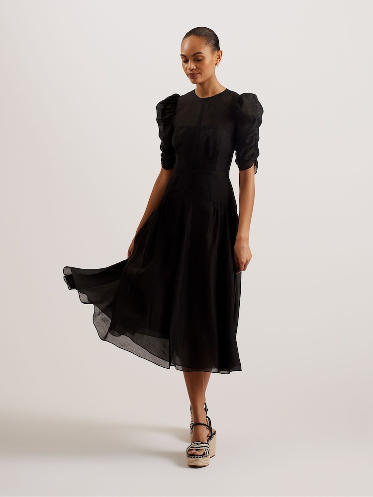 Ted Baker Black Tatsu Puff Sleeve Midi Dress - Image 1 of 6