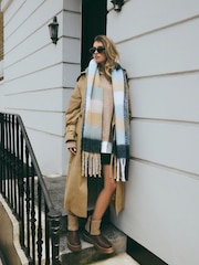 Navy Blue/Camel Brown Check Heavyweight Blanket Scarf - Image 1 of 7