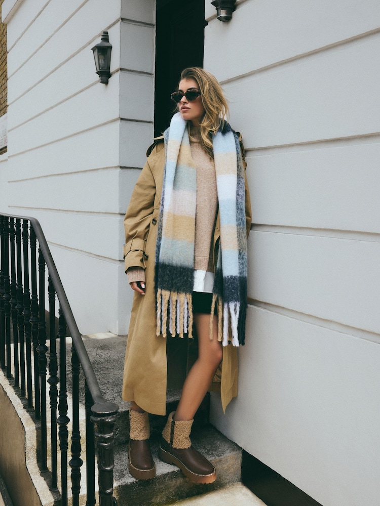 Navy Blue/Camel Brown Check Heavyweight Blanket Scarf - Image 1 of 7
