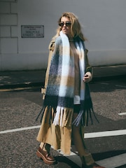 Navy Blue/Camel Brown Check Heavyweight Blanket Scarf - Image 2 of 7
