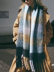 Navy Blue/Camel Brown Check Heavyweight Blanket Scarf - Image 4 of 7