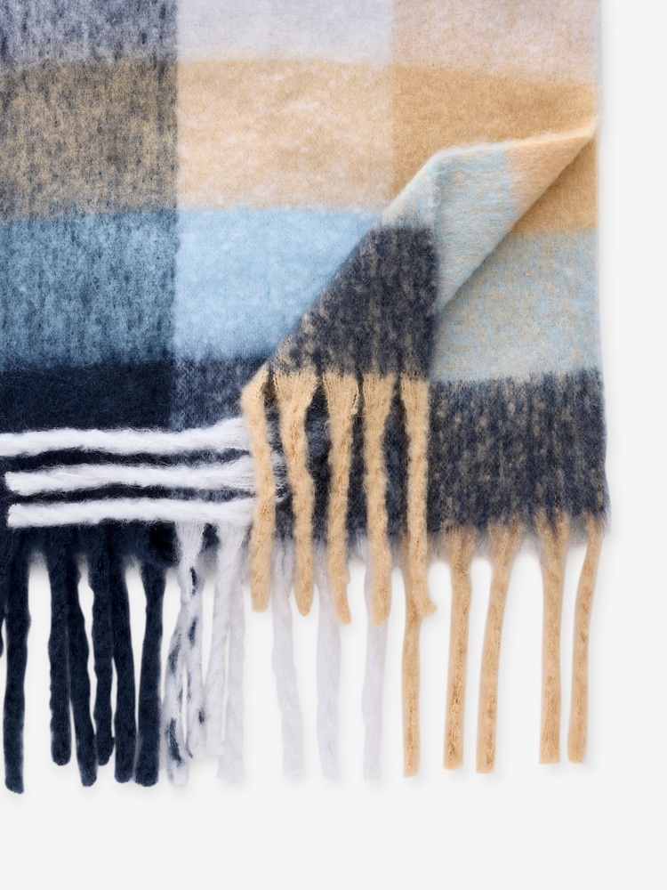 Navy Blue/Camel Brown Check Heavyweight Blanket Scarf - Image 7 of 7