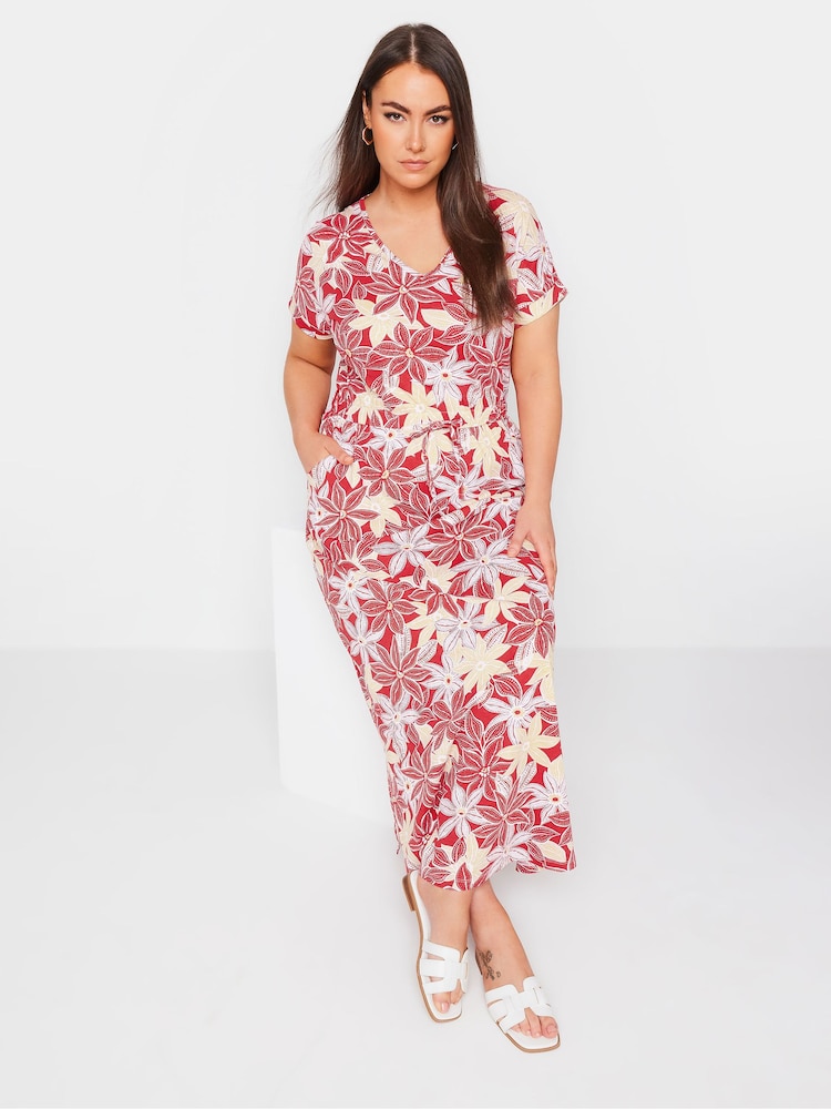 Yours Curve Red 100% Cotton Side Split Drawcord Maxi Dress - Image 1 of 5