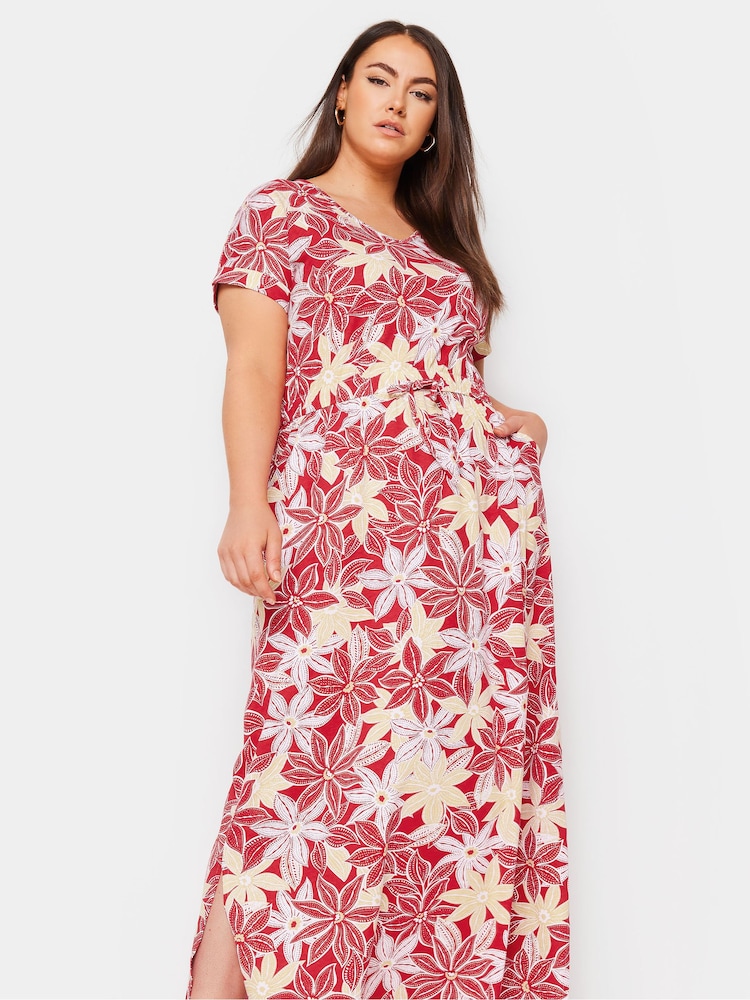 Yours Curve Red 100% Cotton Side Split Drawcord Maxi Dress - Image 2 of 5