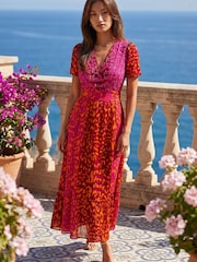 Roman Pink Animal Print Beaded Midi Dress - Image 1 of 4