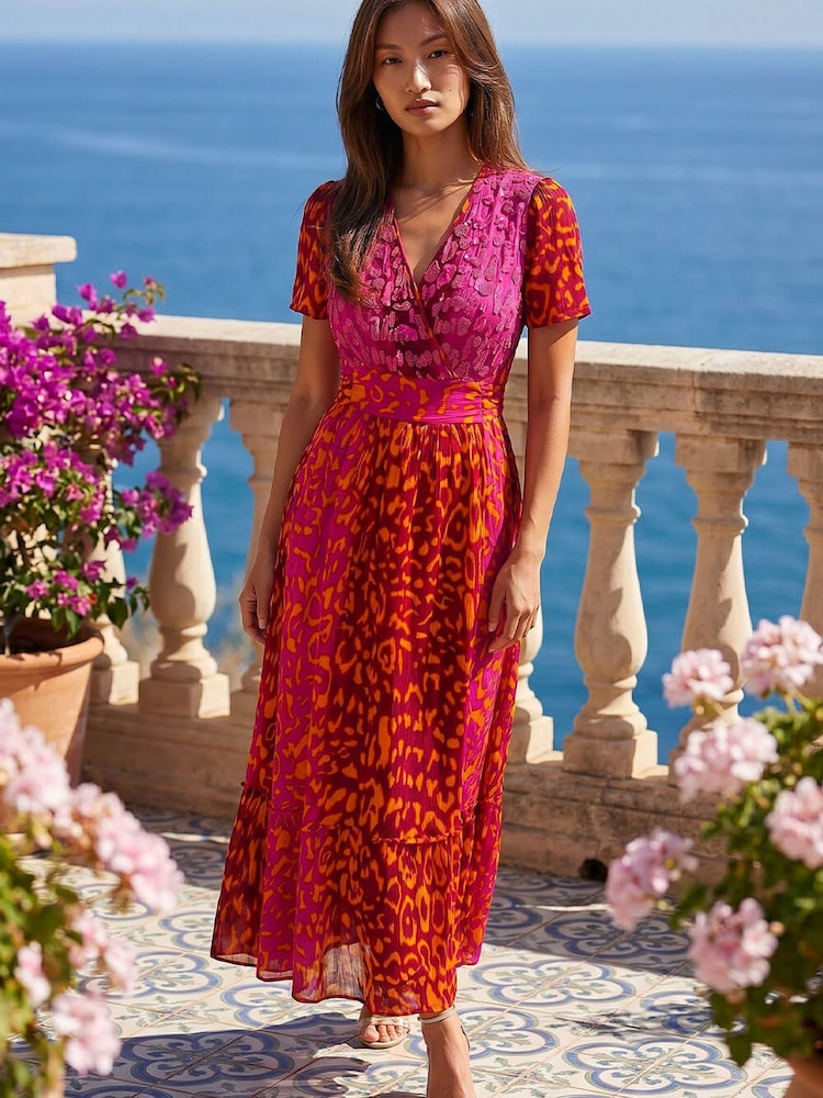 Roman Pink Animal Print Beaded Midi Dress - Image 1 of 4