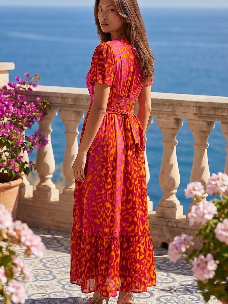 Roman Pink Animal Print Beaded Midi Dress - Image 2 of 4
