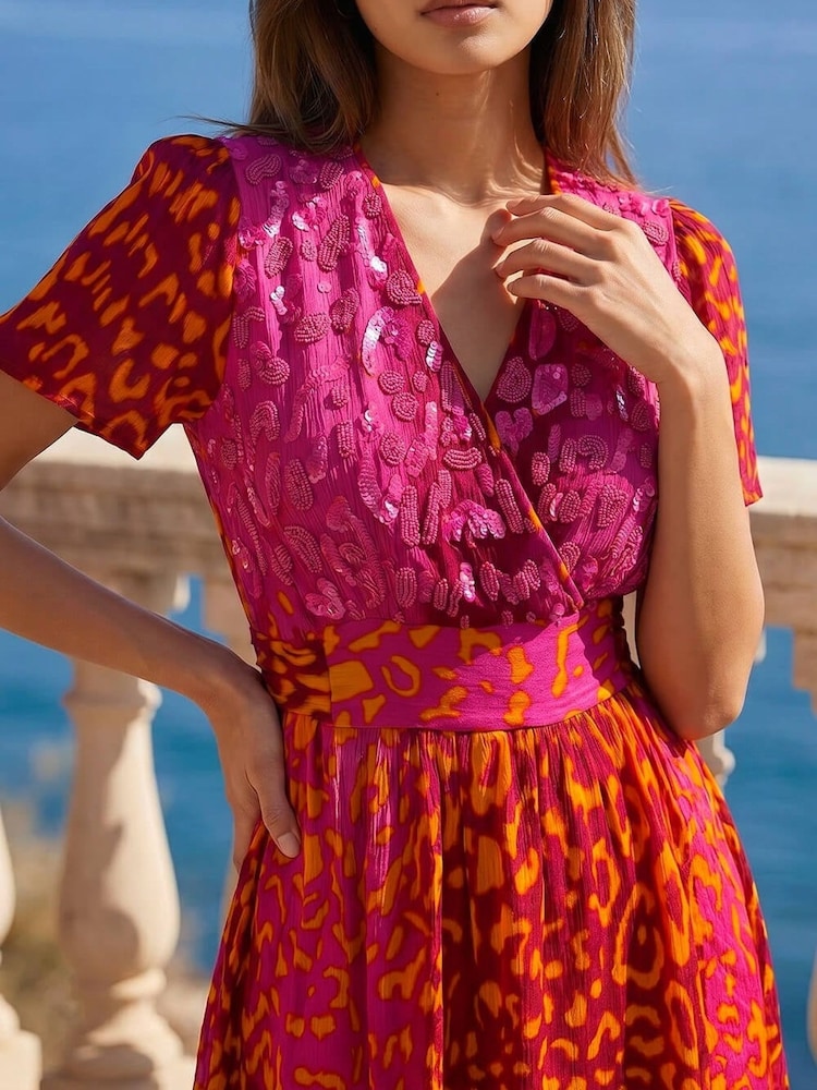 Roman Pink Animal Print Beaded Midi Dress - Image 4 of 4