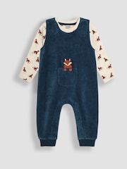 JoJo Maman Bébé Teal Fox Applique Pocket Velour Dungarees & Top Set - Image 1 of 6