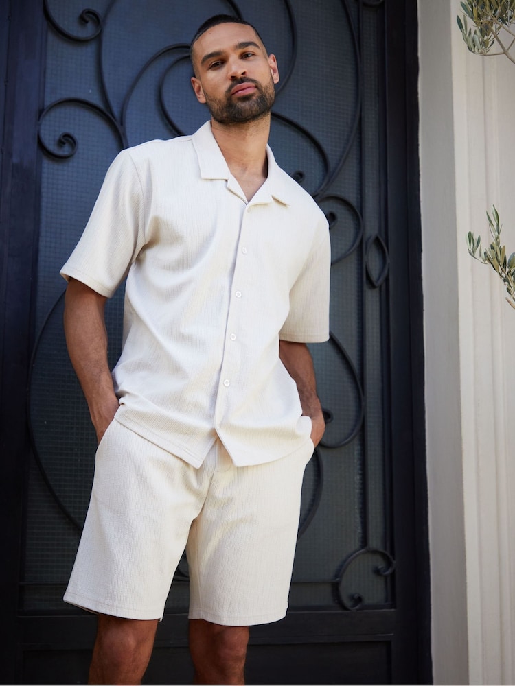 Threadbare Off White Textured Revere Collar Short Sleeve Shirt - Image 1 of 5