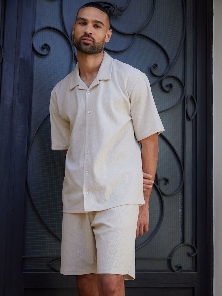 Threadbare Off White Textured Revere Collar Short Sleeve Shirt - Image 3 of 5