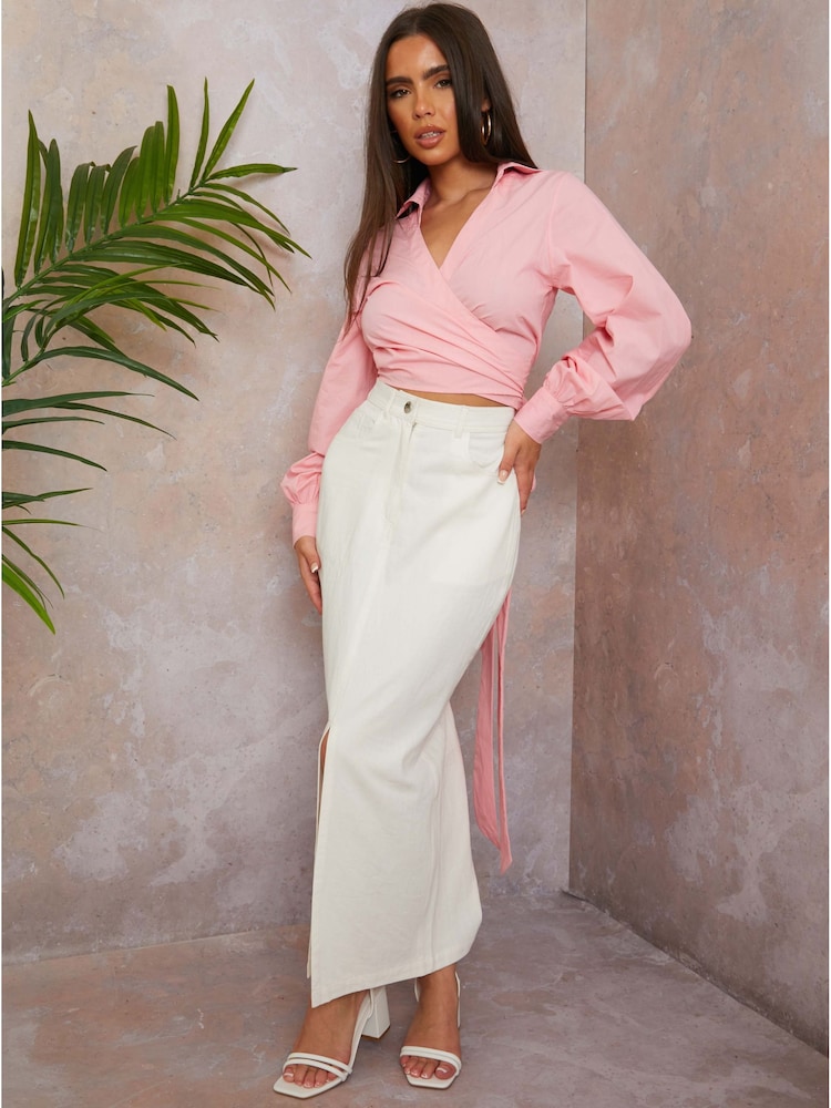 Chi Chi London White Split Hem Demin Maxi Skirt - Image 1 of 3
