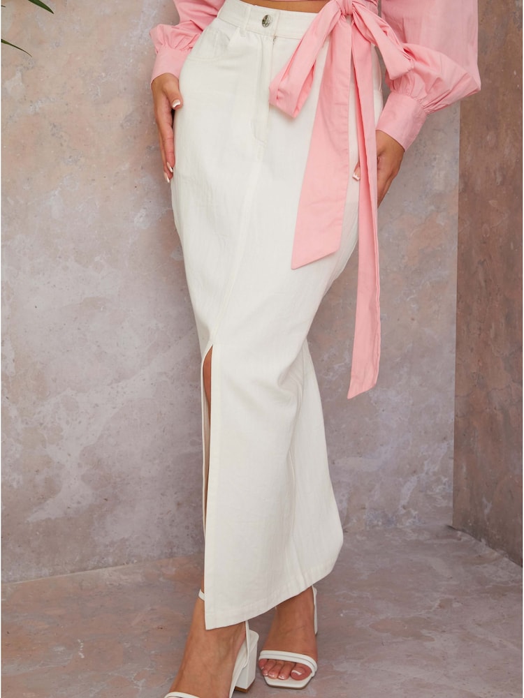Chi Chi London White Split Hem Demin Maxi Skirt - Image 2 of 3