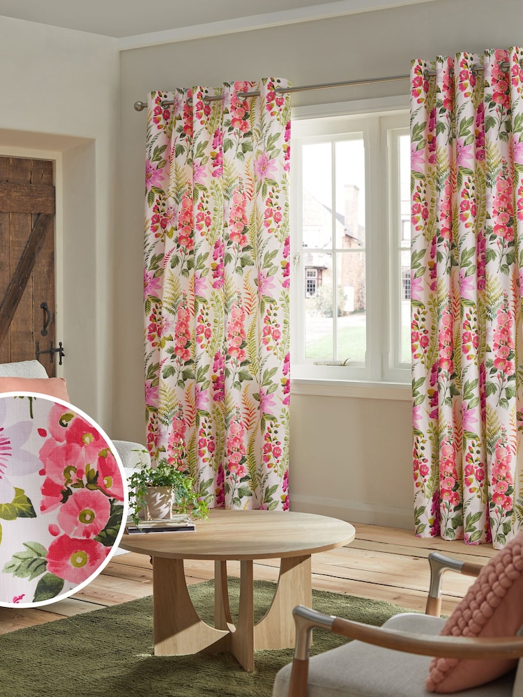 Pink/Green Floral 100% Cotton Eyelet Lined Curtains - Image 1 of 4