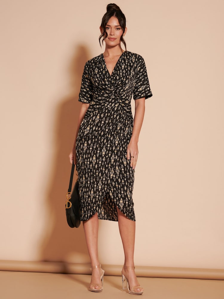 Jolie Moi Black Print Twist Front Tulip Midi Dress - Image 1 of 7