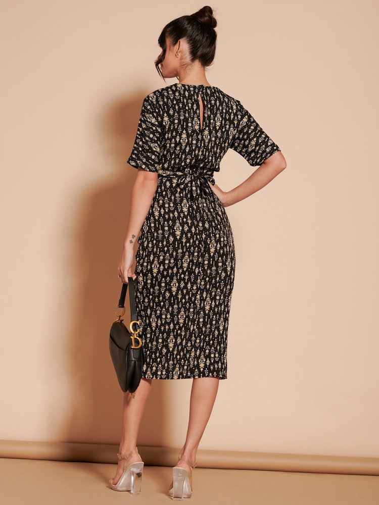 Jolie Moi Black Print Twist Front Tulip Midi Dress - Image 2 of 7