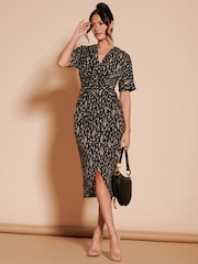 Jolie Moi Black Print Twist Front Tulip Midi Dress - Image 4 of 7