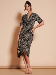Jolie Moi Black Print Twist Front Tulip Midi Dress - Image 5 of 7
