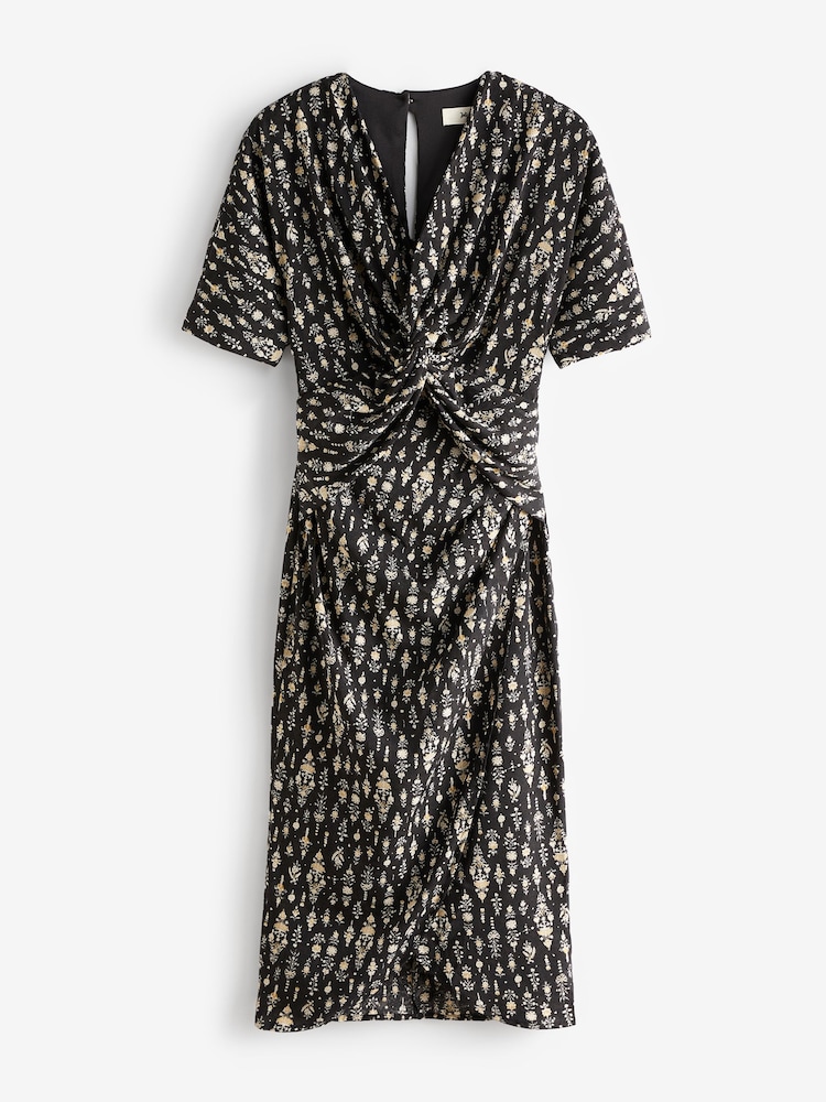 Jolie Moi Black Print Twist Front Tulip Midi Dress - Image 7 of 7