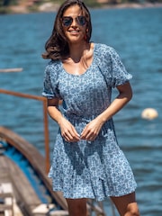 Pour Moi Blue 100% Cotton Sienna Short Sleeve Tie Waist Pointelle Jersey Dress - Image 1 of 5
