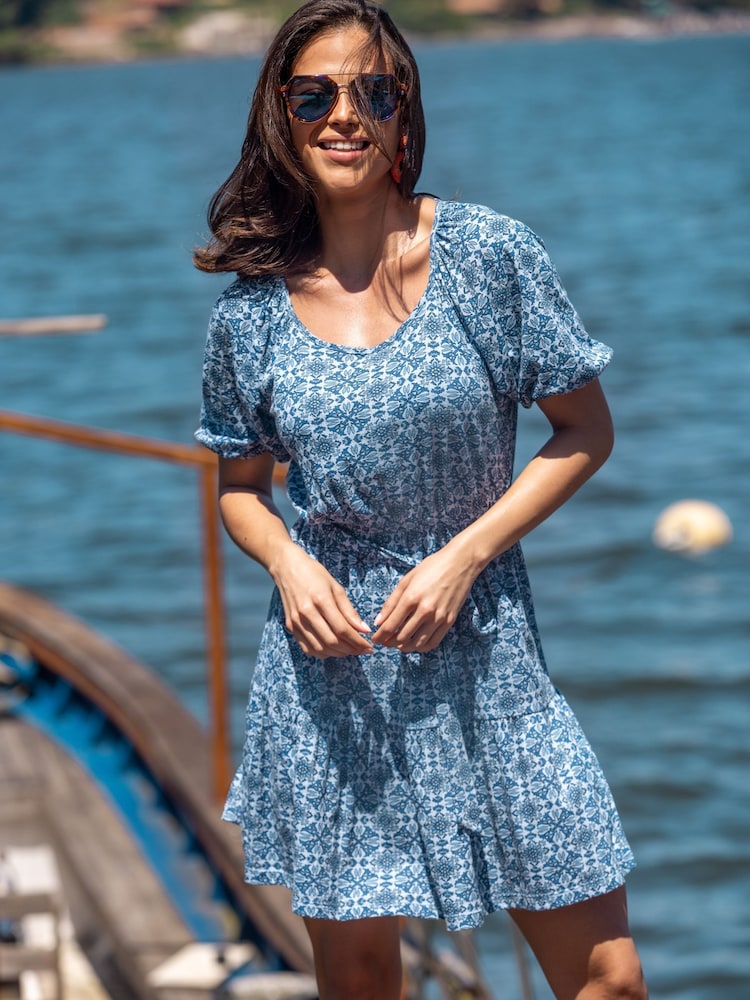 Pour Moi Blue 100% Cotton Sienna Short Sleeve Tie Waist Pointelle Jersey Dress - Image 1 of 5