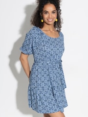 Pour Moi Blue 100% Cotton Sienna Short Sleeve Tie Waist Pointelle Jersey Dress - Image 2 of 5