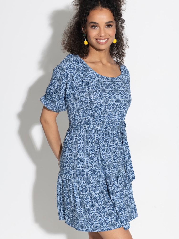 Pour Moi Blue 100% Cotton Sienna Short Sleeve Tie Waist Pointelle Jersey Dress - Image 2 of 5