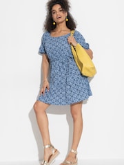 Pour Moi Blue 100% Cotton Sienna Short Sleeve Tie Waist Pointelle Jersey Dress - Image 3 of 5