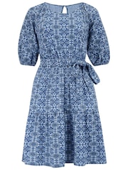 Pour Moi Blue 100% Cotton Sienna Short Sleeve Tie Waist Pointelle Jersey Dress - Image 4 of 5