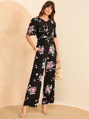 Love & Roses Black Floral Petite Printed Keyhole Wide Leg Jumpsuit - Image 1 of 4