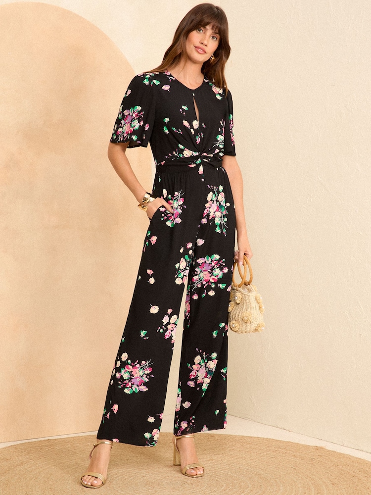 Love & Roses Black Floral Petite Printed Keyhole Wide Leg Jumpsuit - Image 1 of 4