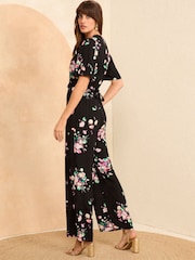 Love & Roses Black Floral Petite Printed Keyhole Wide Leg Jumpsuit - Image 4 of 4