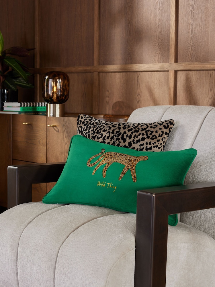 Dark Green Beaded Cheetah Velvet Cushion - Image 1 of 5