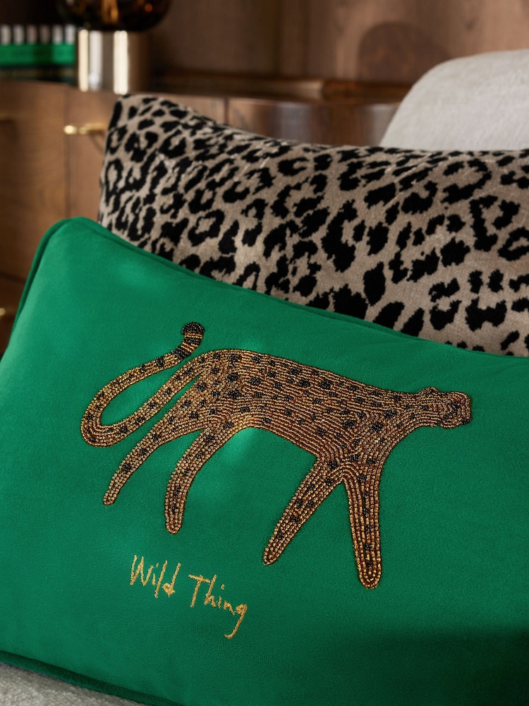 Dark Green Beaded Cheetah Velvet Cushion - Image 2 of 5