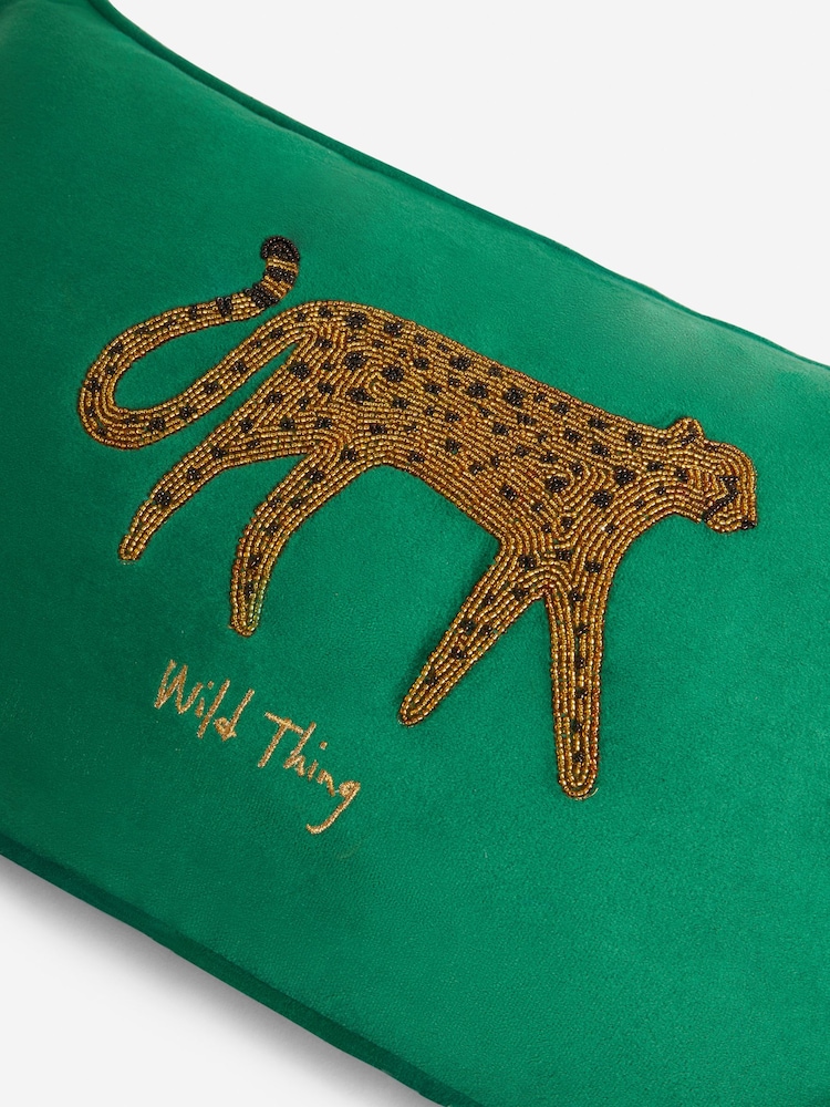 Dark Green Beaded Cheetah Velvet Cushion - Image 5 of 5