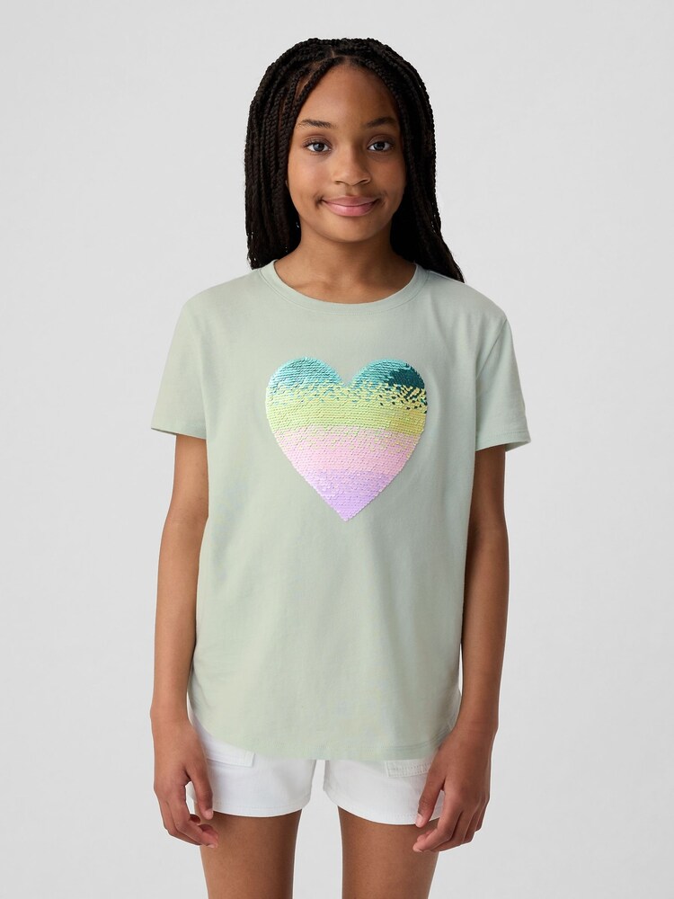 Gap Green Heart Cotton Flippy Sequin Graphic Short Sleeve T-Shirt (4-13yrs) - Image 1 of 3 Gap Green Heart Cotton Flippy Sequin Graphic Short Sleeve T-Shirt (4-13yrs) - Image 1 of 3