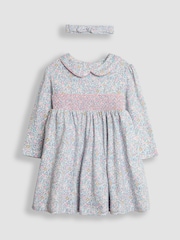 JoJo Maman Bébé Rose Pink Ditsy Floral Smocked Peter Pan Dress - Image 1 of 4
