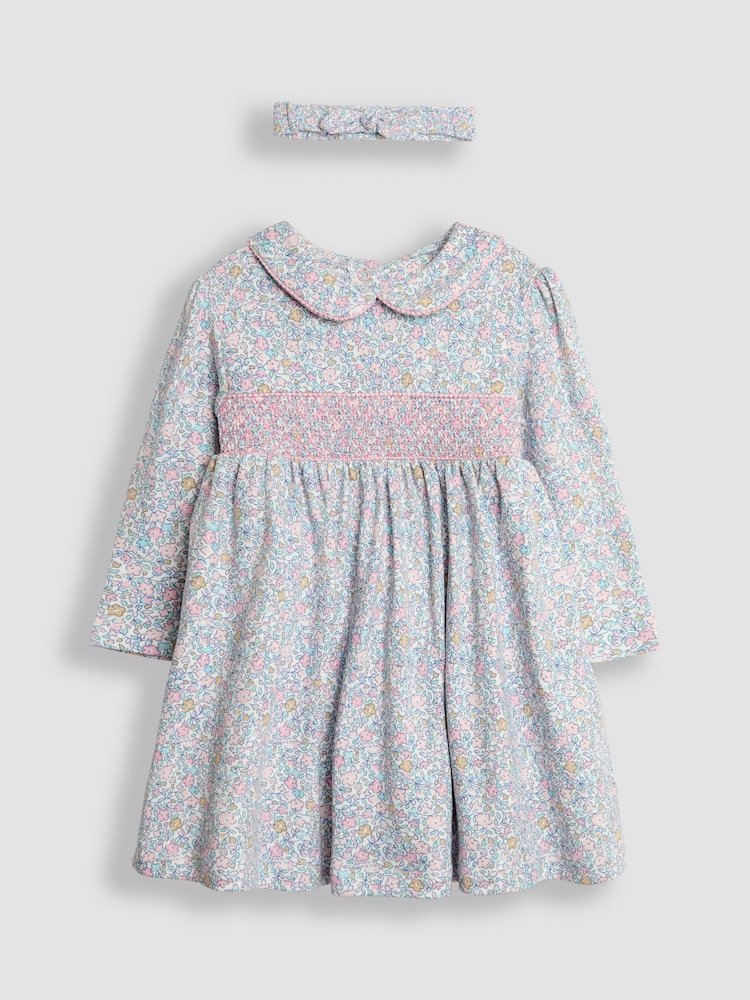 JoJo Maman Bébé Rose Pink Ditsy Floral Smocked Peter Pan Dress - Image 1 of 4