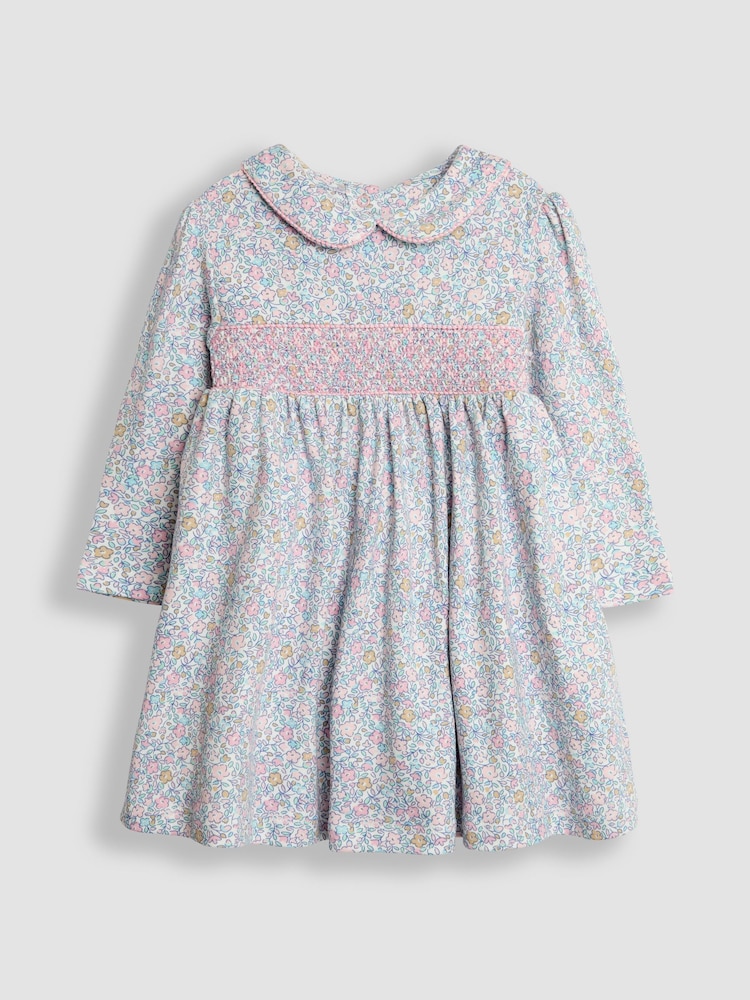 JoJo Maman Bébé Rose Pink Ditsy Floral Smocked Peter Pan Dress - Image 2 of 4