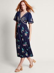 Monsoon Blue 100% Cotton Maya Floral Embroidered Dress - Image 1 of 4