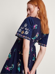 Monsoon Blue 100% Cotton Maya Floral Embroidered Dress - Image 3 of 4