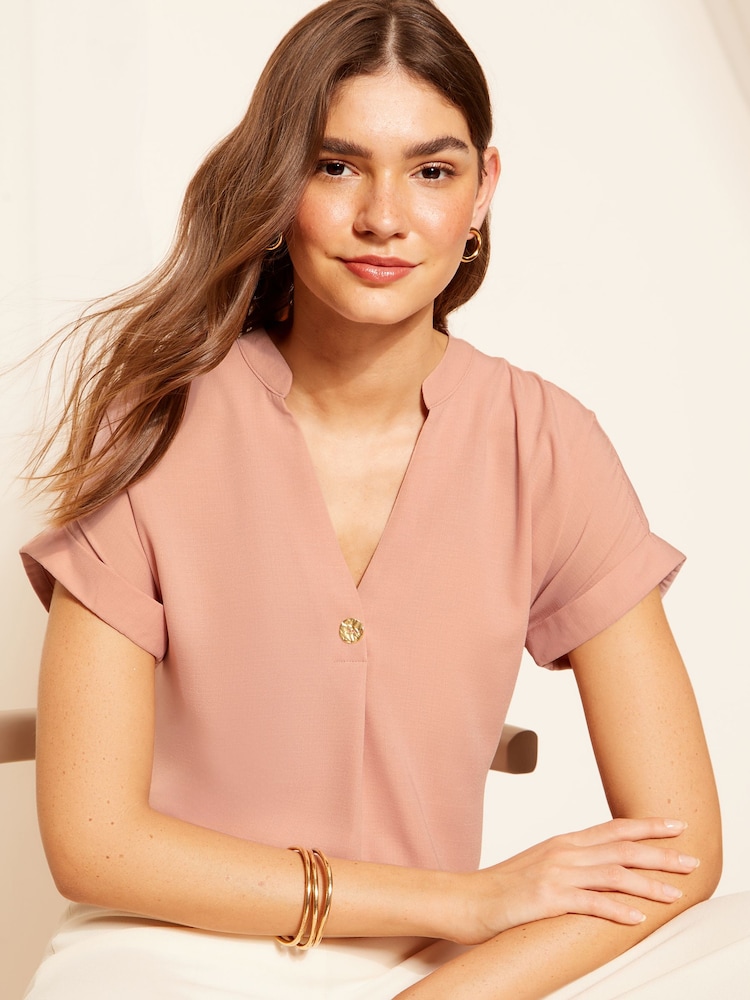 Friends Like These Pink Petite V Neck Roll Sleeve Button Blouse - Image 1 of 4