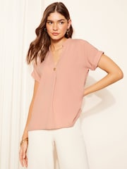 Friends Like These Pink Petite V Neck Roll Sleeve Button Blouse - Image 2 of 4