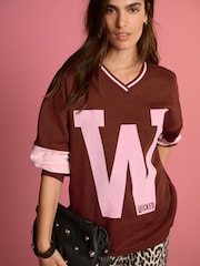 Burgundy Red Official Wicked Movie License Varsity Graphic Vee Neck Sweatshirt - Image 1 of 9