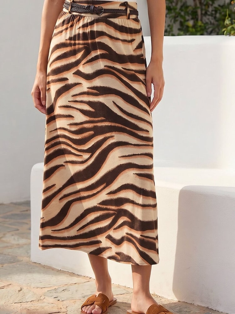 Roman Brown Animal Print Belted Midi Skirt - Image 1 of 5